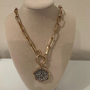 Gold-toned paperclip chain necklace with floral pendant